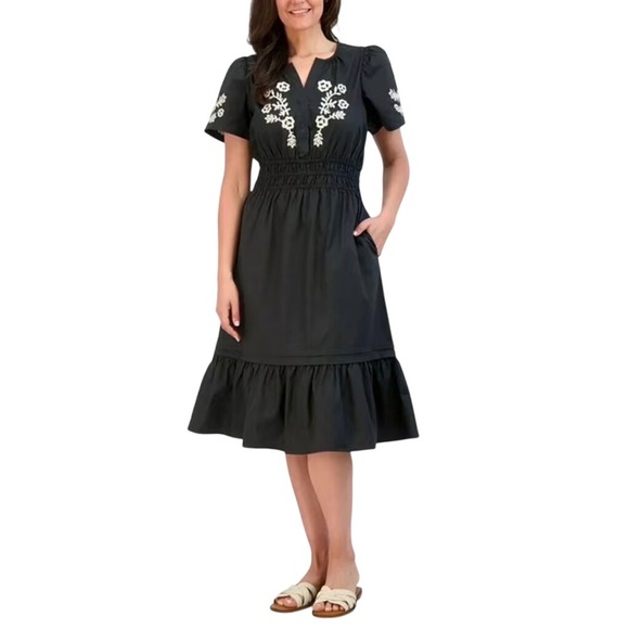 French Connection Dresses & Skirts - FRENCH CONNECTION Embroidered Midi Dress Size L Puff Sleeve Smocked Ruffle Black